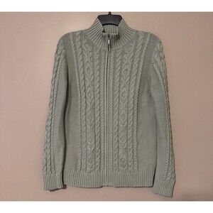 LL Bean Double Cable Knit Full Zip Cotton Cardigan Sweater Sage Green Womens Med